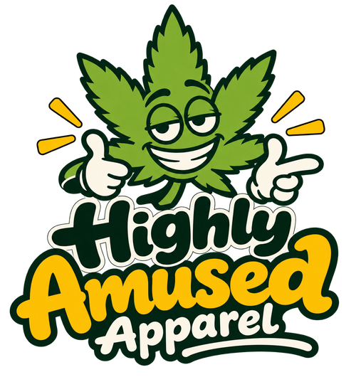 Highly Amused Apparel logo with smiling leaf mascot in green, yellow, and cream